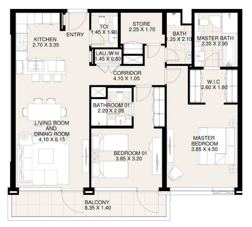Canal Front Residences 3 and 4 2 bed floor plan, 1,404 sqft