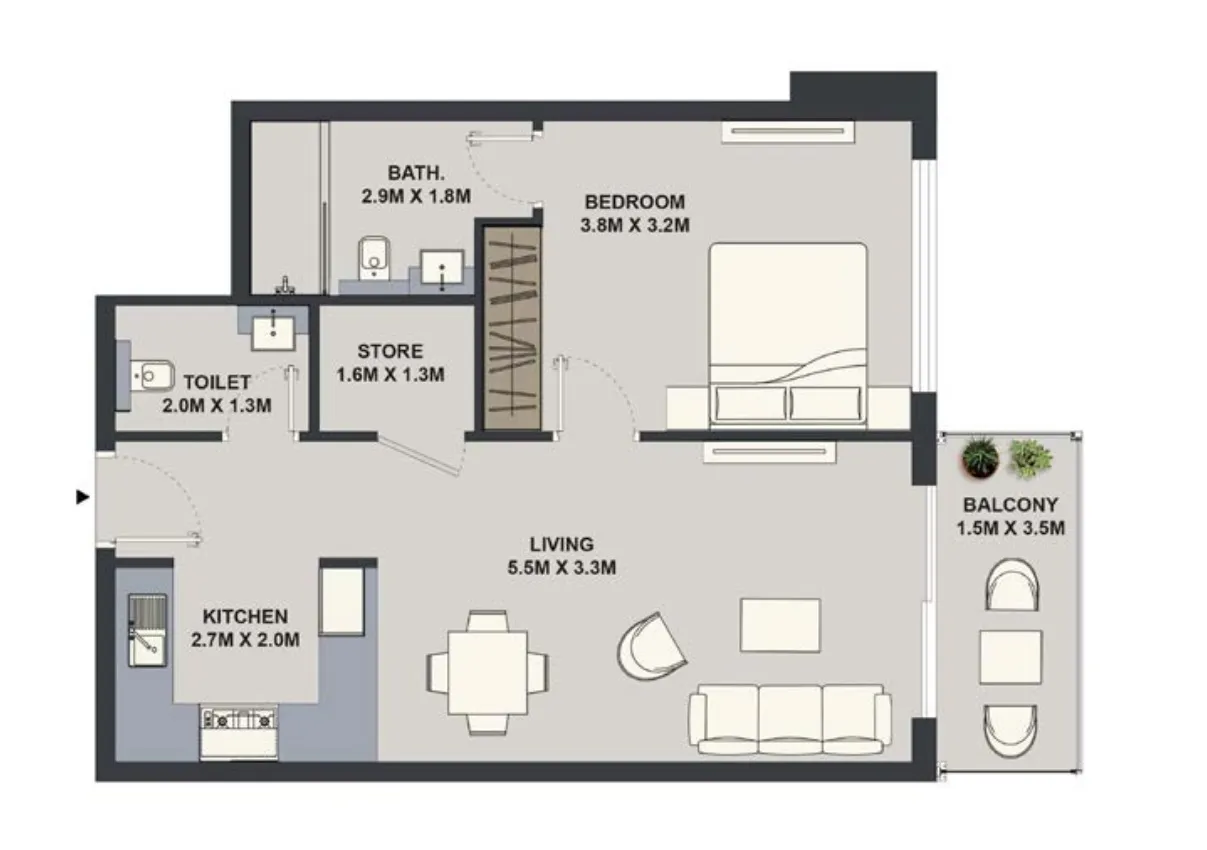 Maison Elysee 1 bed floor plan, 648 sqft