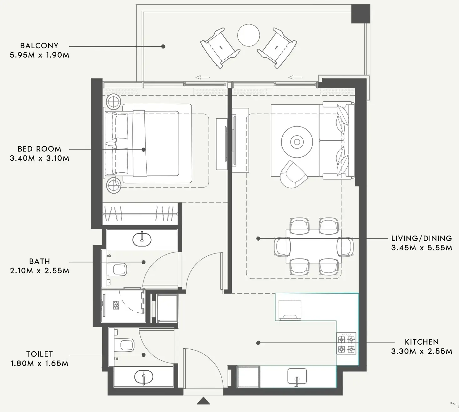 Riviera 58 1 bed floor plan, 760 sqft