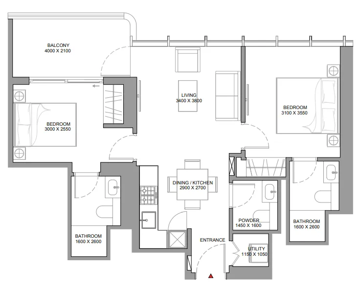 Sobha Aquamont 2 bed floor plan, 792 sqft