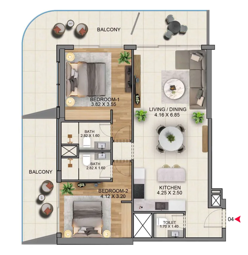 Sky Hills Residence 3 2 bed floor plan, 1,490 – 1,492 sqft