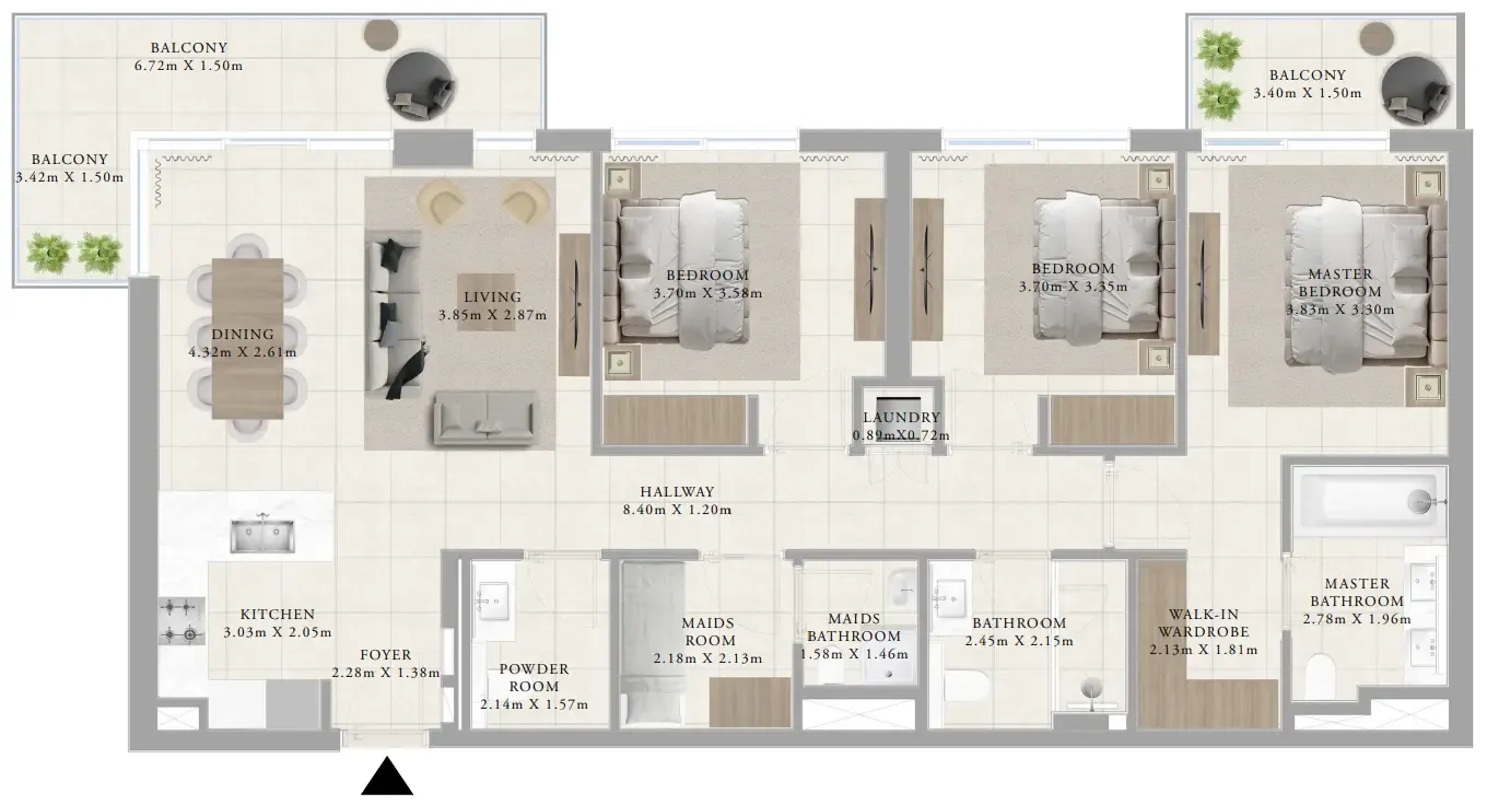 Greenside Residence 3 bed floor plan, 1,555 sqft