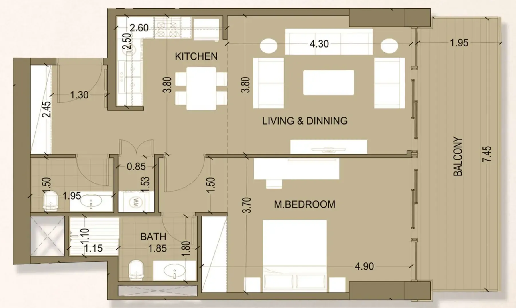 Celia Homes 1 bed floor plan, 849 sqft