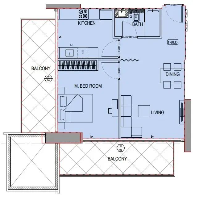 Binghatti Apex 1 bed floor plan, 905 sqft