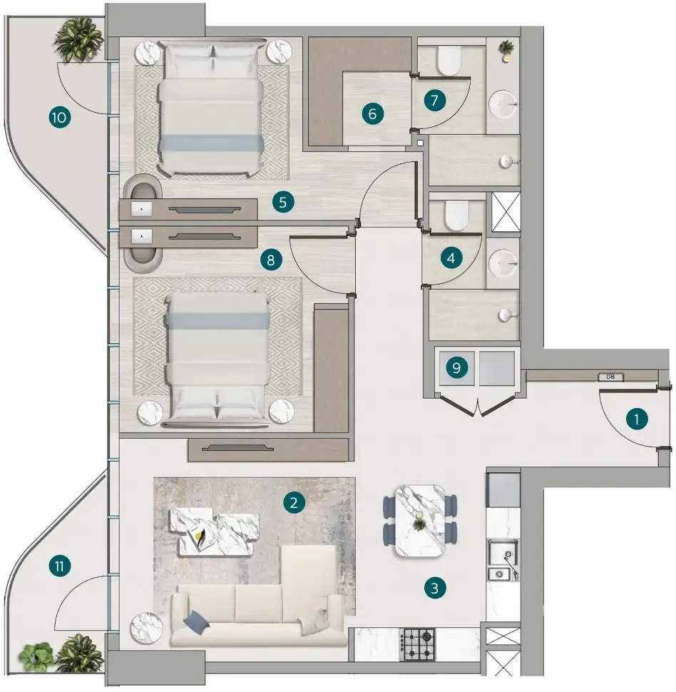 Flora Shore Beachside Residences 2 bed floor plan, 1,025 sqft