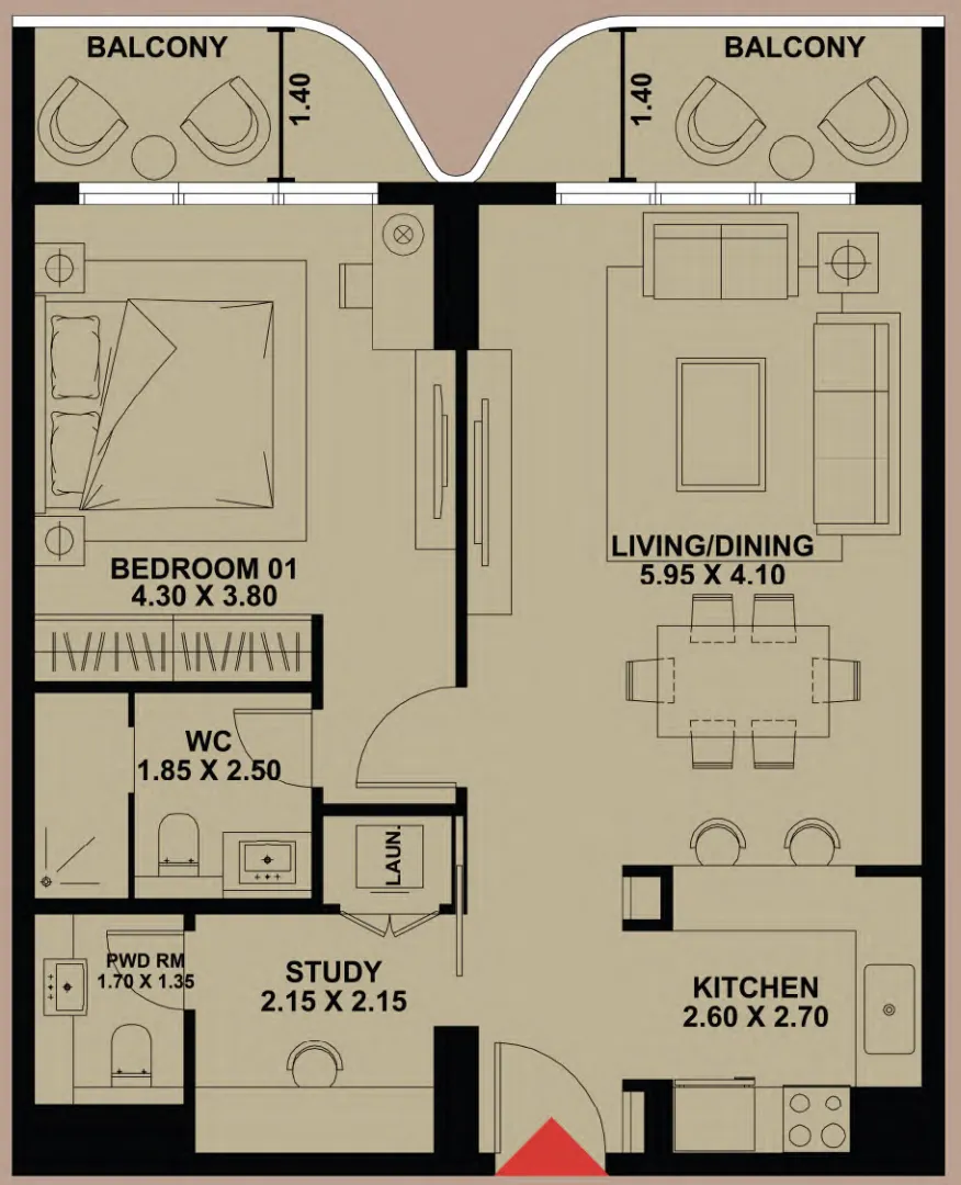 Timber Terrace 1 bed floor plan, 905 sqft