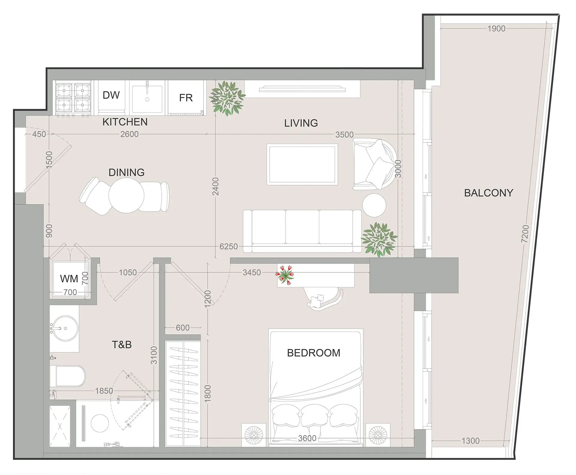 SKY LEVEL 1 1 bed floor plan, 596 sqft