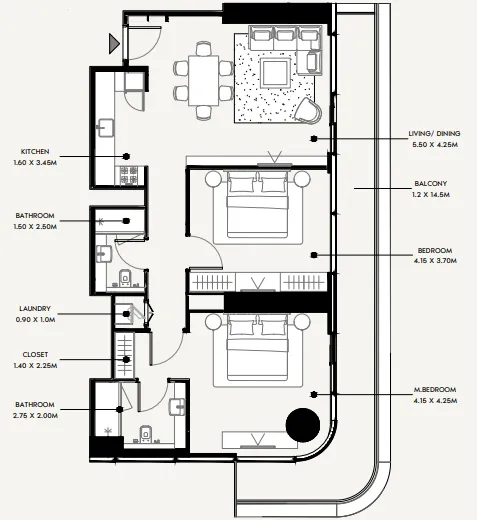 Azizi Milan 2 bed floor plan, 1,255 sqft