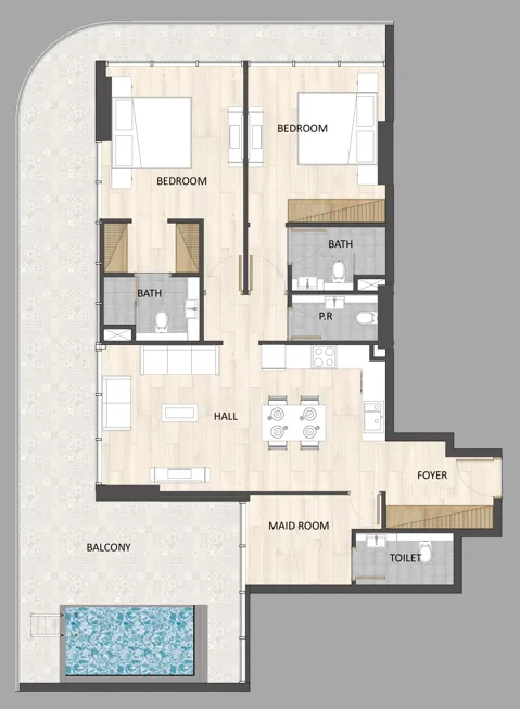 Barari Palace 2 bed floor plan, 1,633 – 1,647 sqft