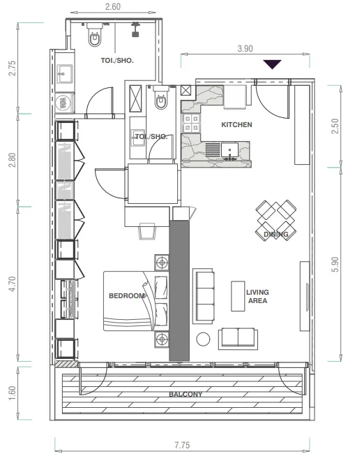 MBL Signature 1 bed floor plan, 928 sqft