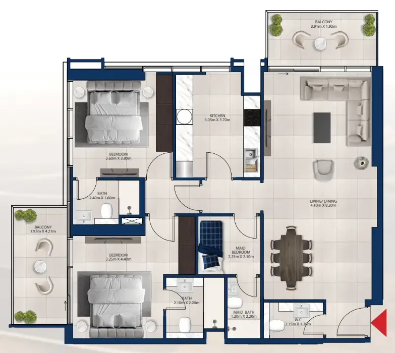 Al Vista 2 bed floor plan, 1,331 sqft