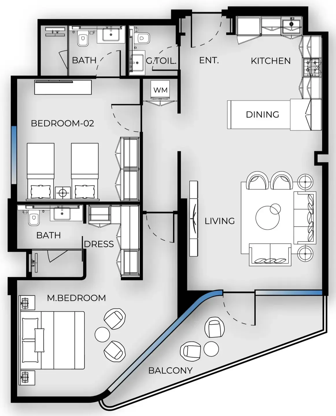 Luxury Canal Residences 2 bed floor plan, 1,200 sqft