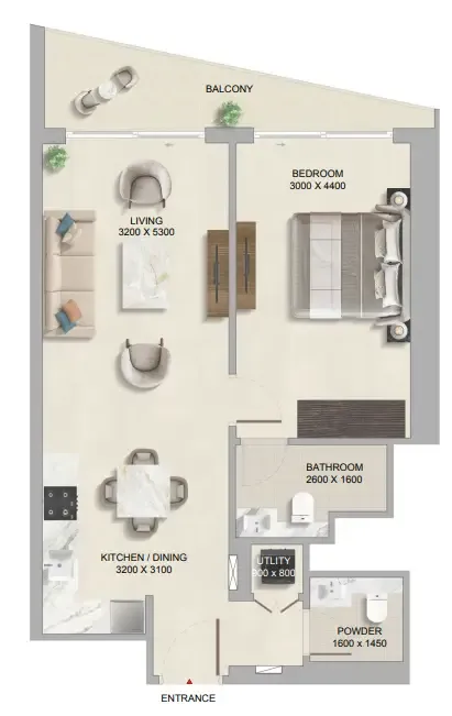 The Tranquil at Sobha Central 1 bed floor plan, 744 sqft