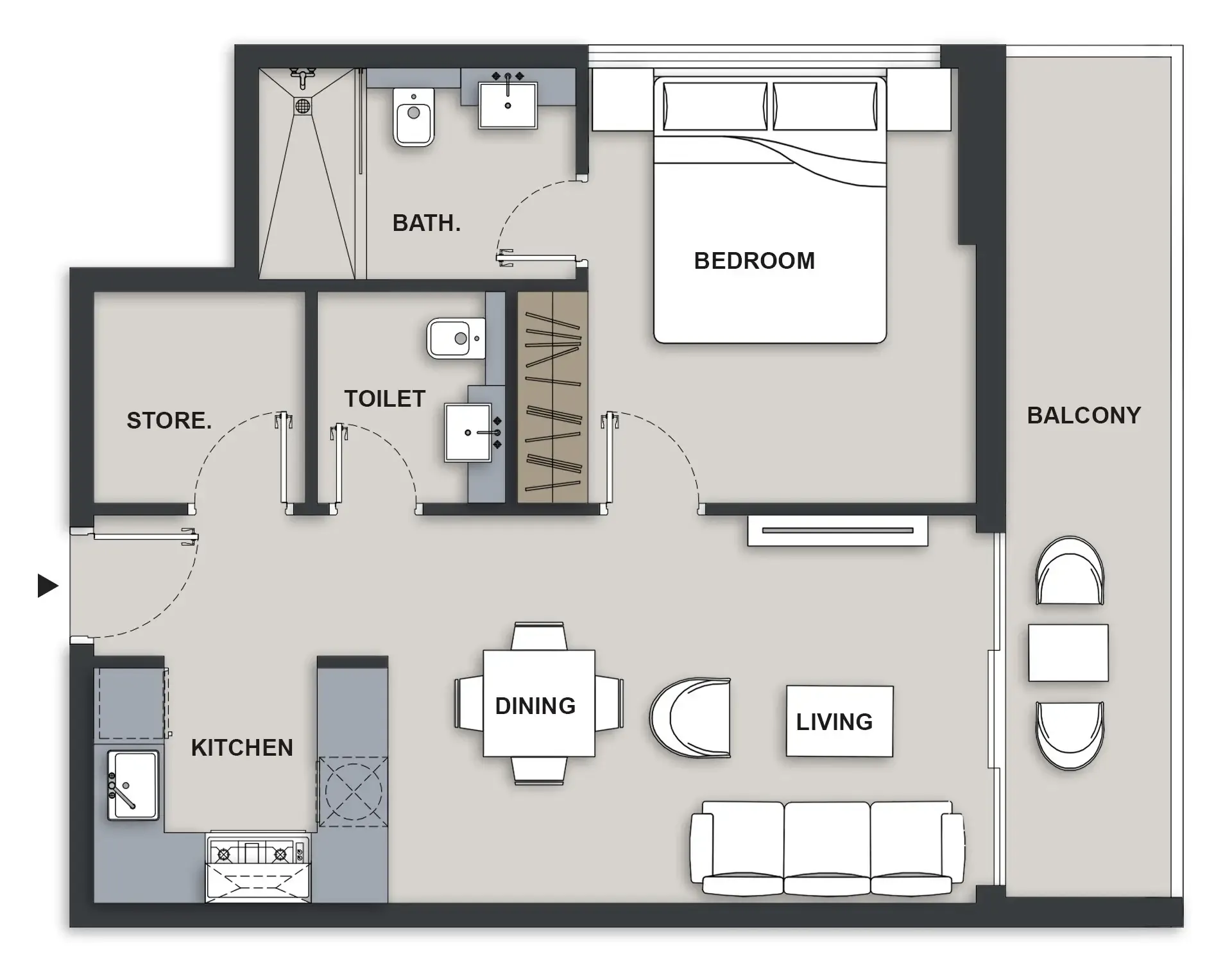 Maison Elysee III 1 bed floor plan, 712 sqft