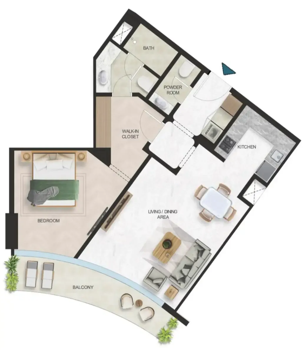 Oystra 1 bed floor plan, 845 sqft