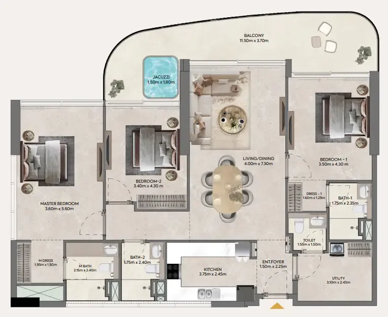 Hermina by Casagrand 3 bed floor plan, 1,716 sqft