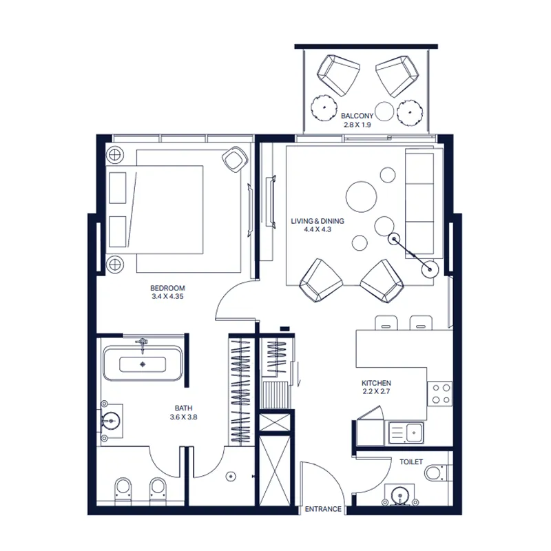 The Atria 1 bed floor plan, 818 – 820 sqft