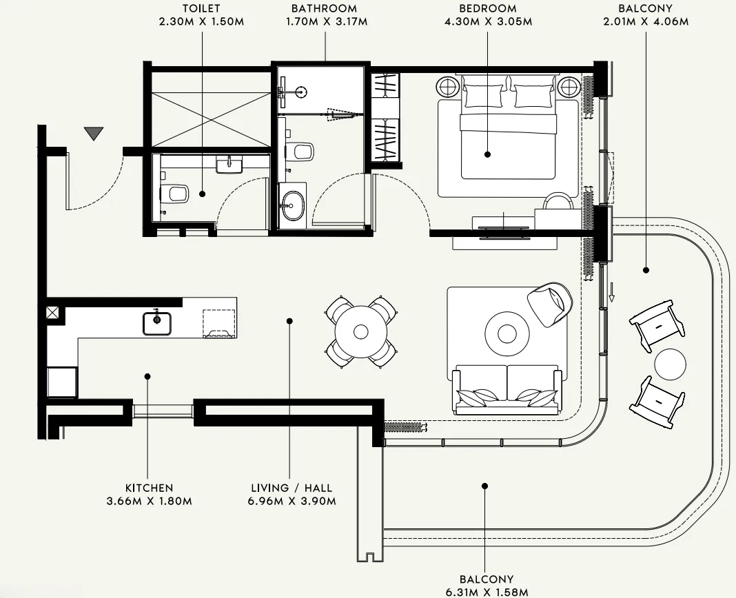 Azizi Venice 1 bed floor plan, 929 sqft