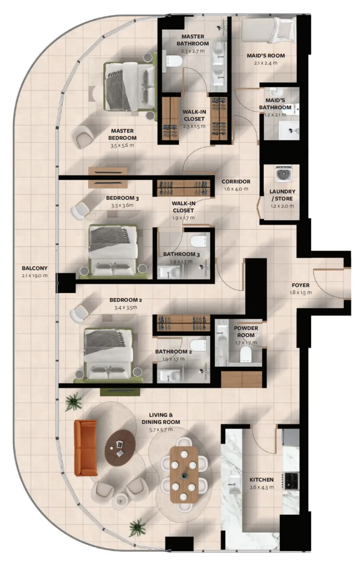 Waada Dubai South 3 bed floor plan, 2,058 sqft