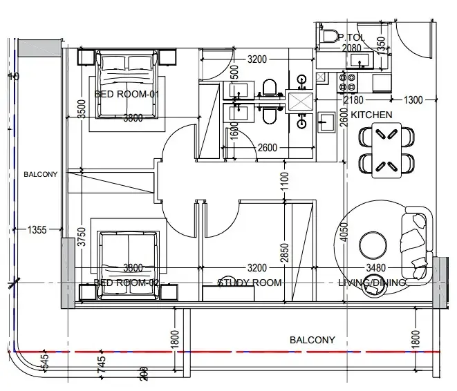 Al Haseen Residences 6 2 bed floor plan, 1,308 sqft