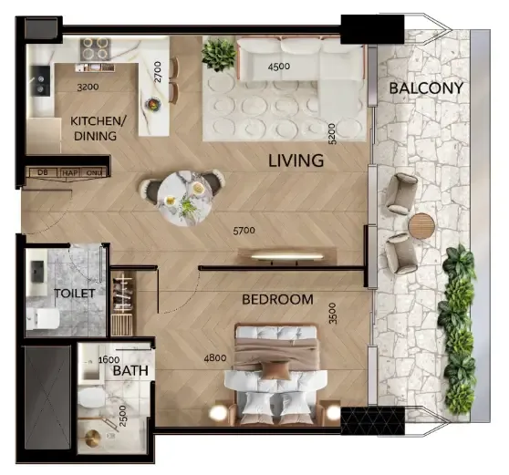 Radiant Bridges 1 bed floor plan, 915 sqft