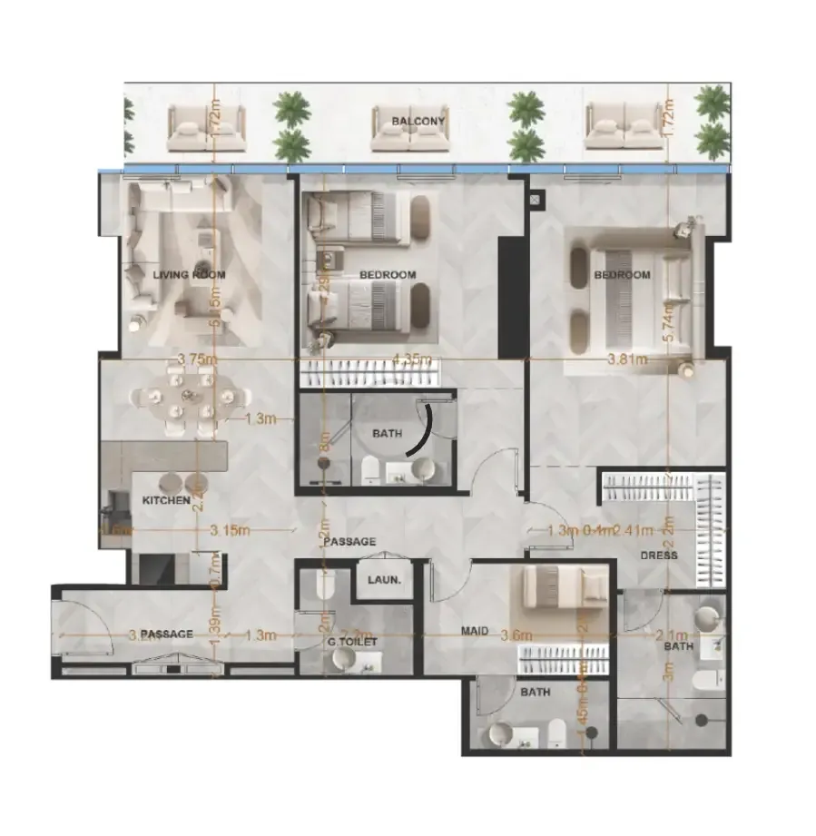Radiant Terrace 2 bed floor plan, 1,552 sqft