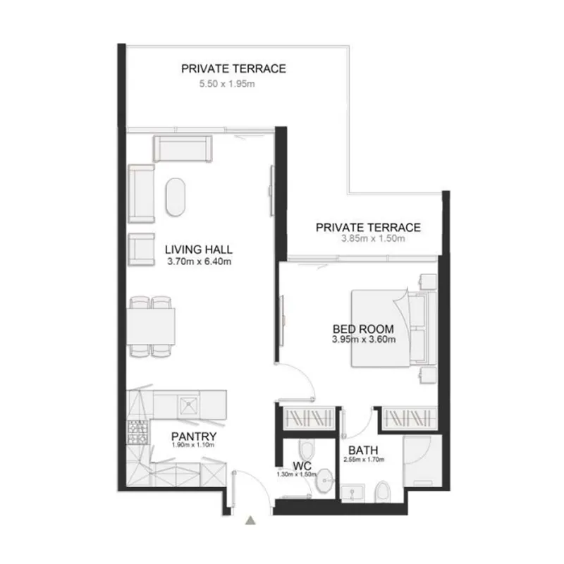 Ashley Hills 1 bed floor plan, 878 sqft