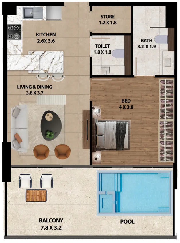 Marquis One 1 bed floor plan, 904 sqft
