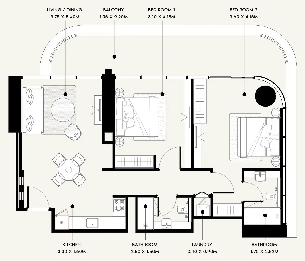 Azizi Milan 2 bed floor plan, 1,122 sqft