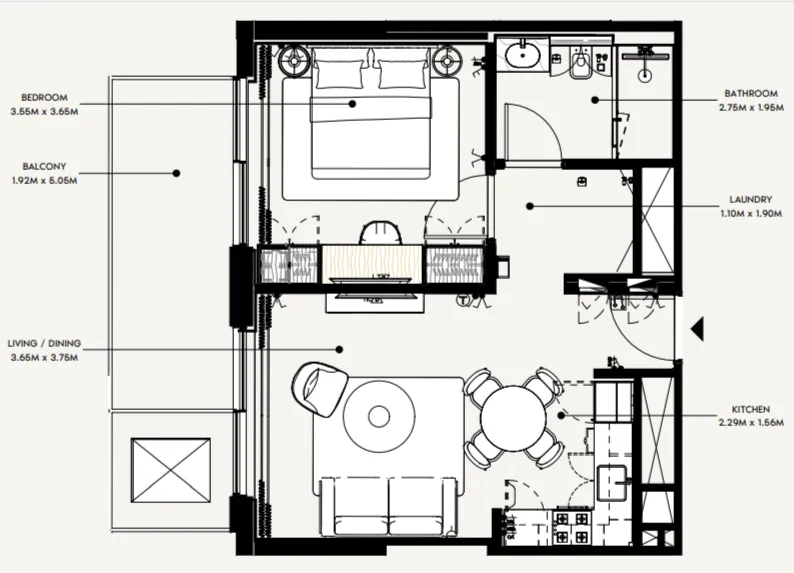 Azizi Wasel 1 bed floor plan, 642 sqft