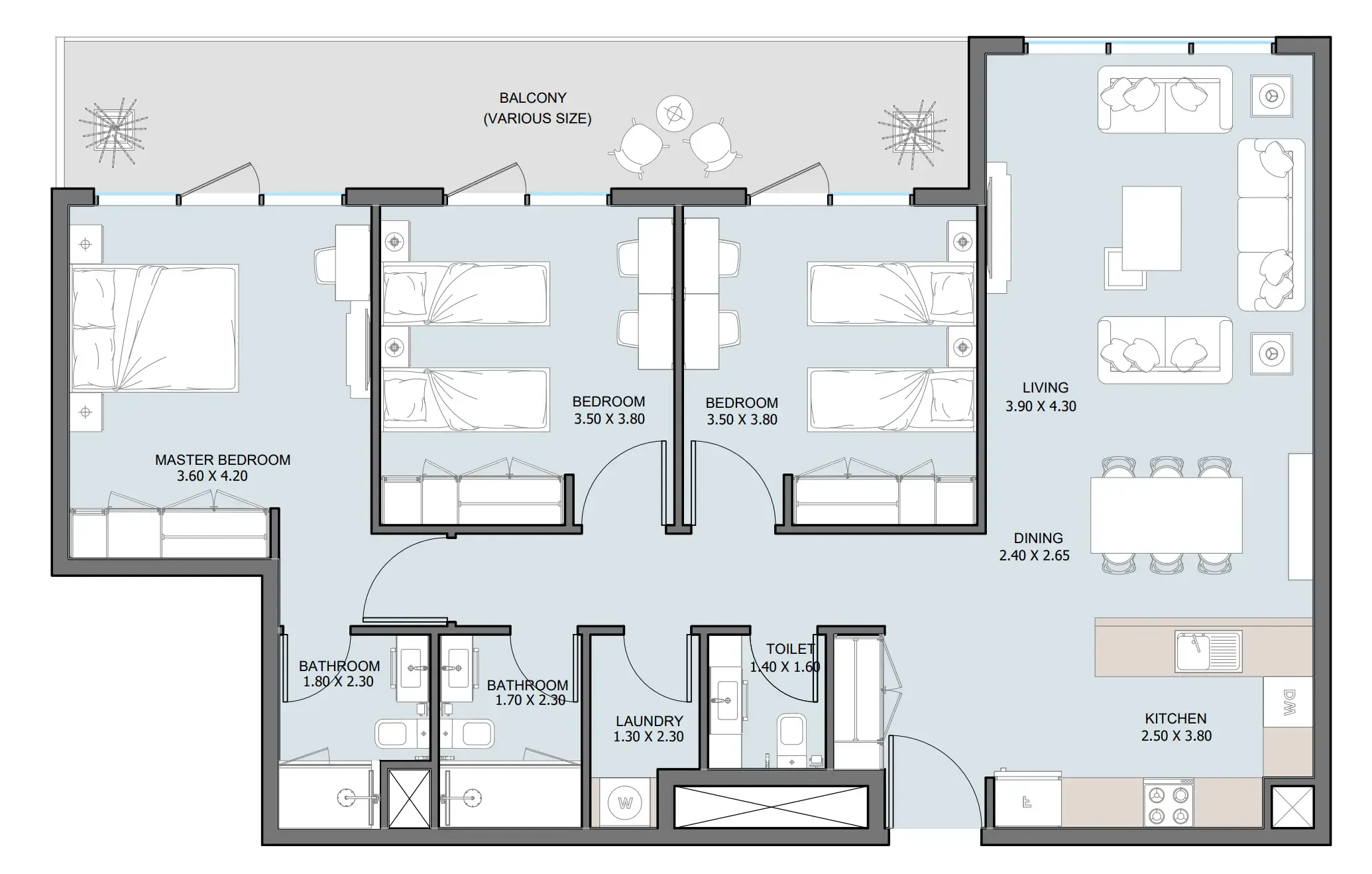 The District 3 bed floor plan, 1,419 sqft