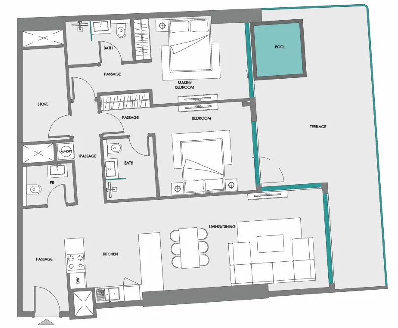 Samana Boulevard Heights 2 bed floor plan, 1,286 – 1,530 sqft