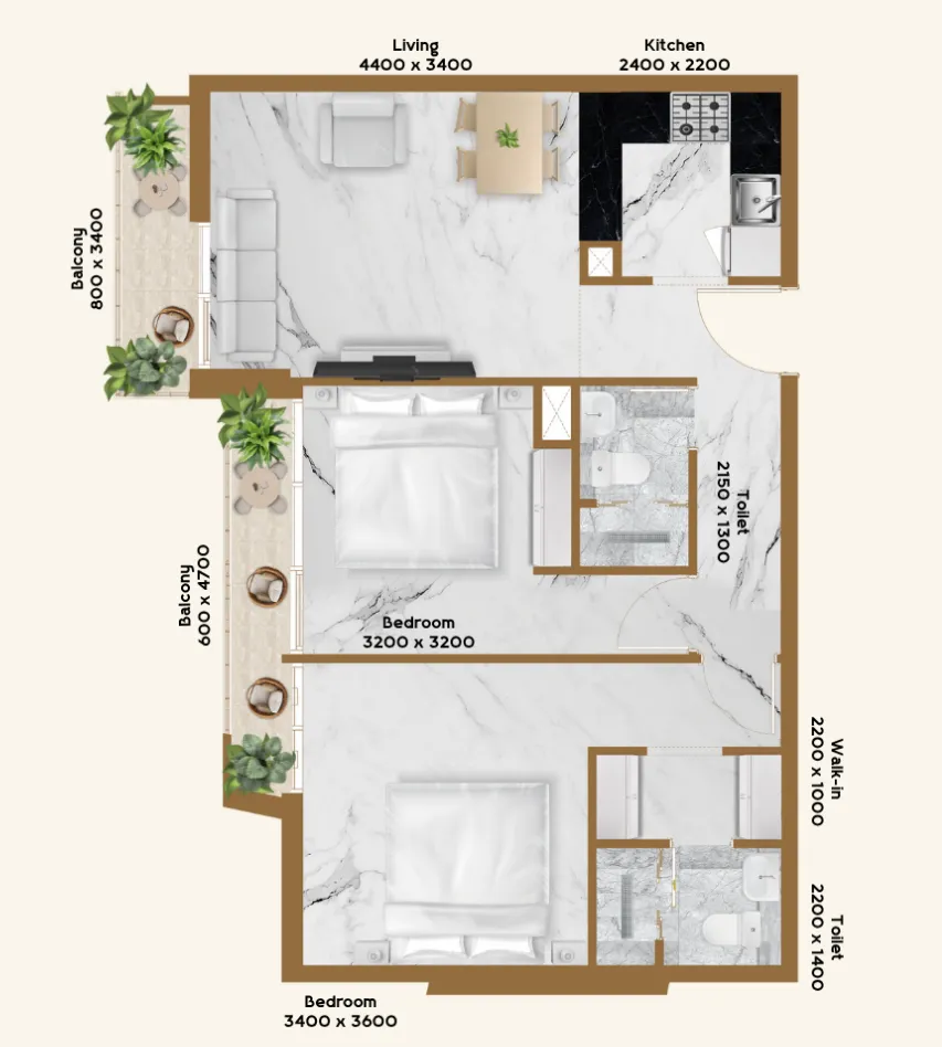 RR Residence 2 bed floor plan, 799 sqft