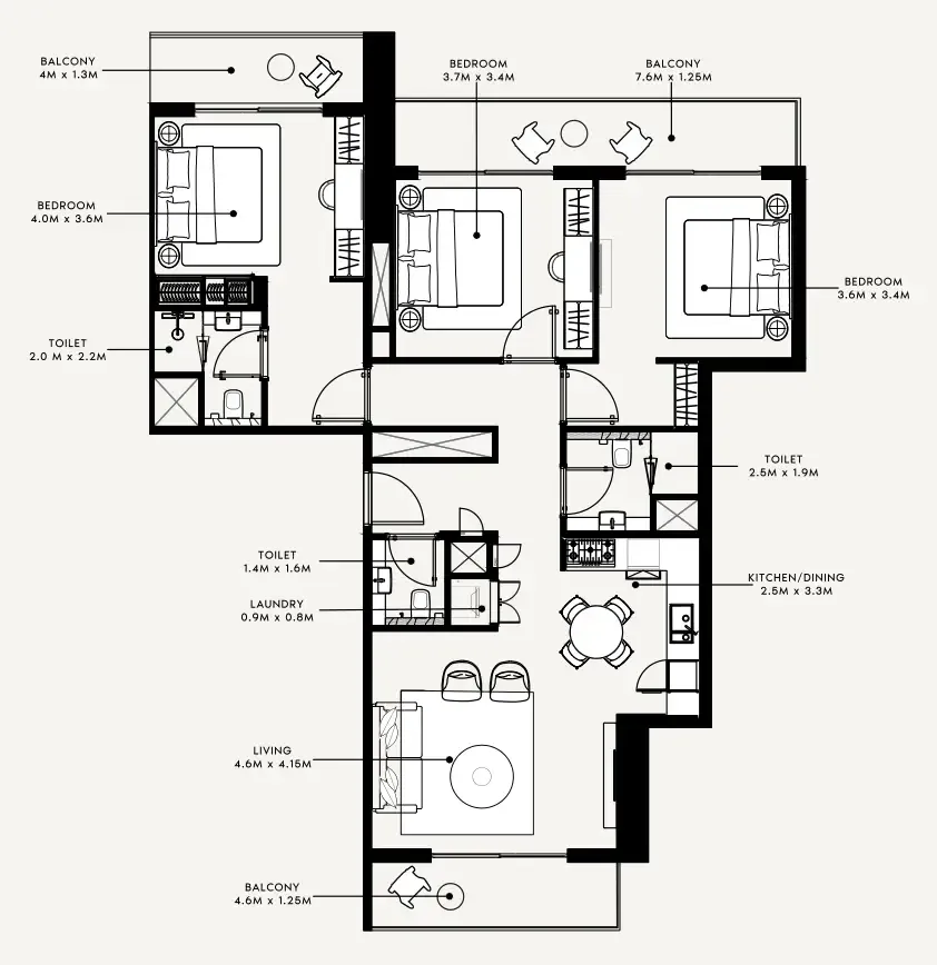 Azizi Milan 3 bed floor plan, 1,448 sqft