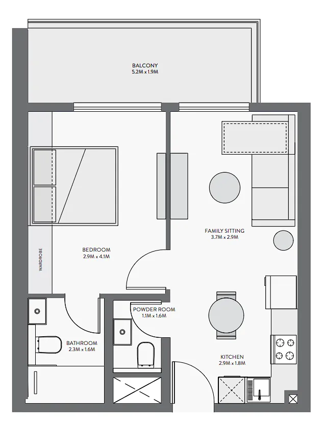 Equiti Gate 1 bed floor plan, 621 sqft