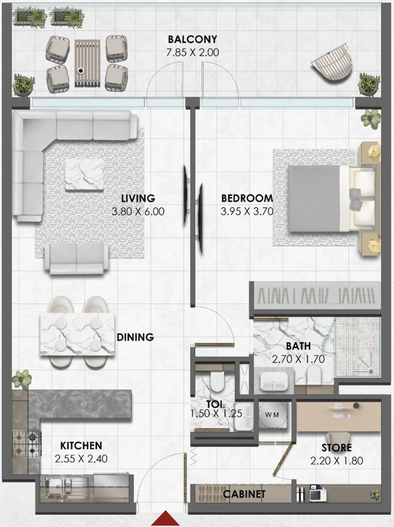 Waref Residences 1 bed floor plan, 913 sqft