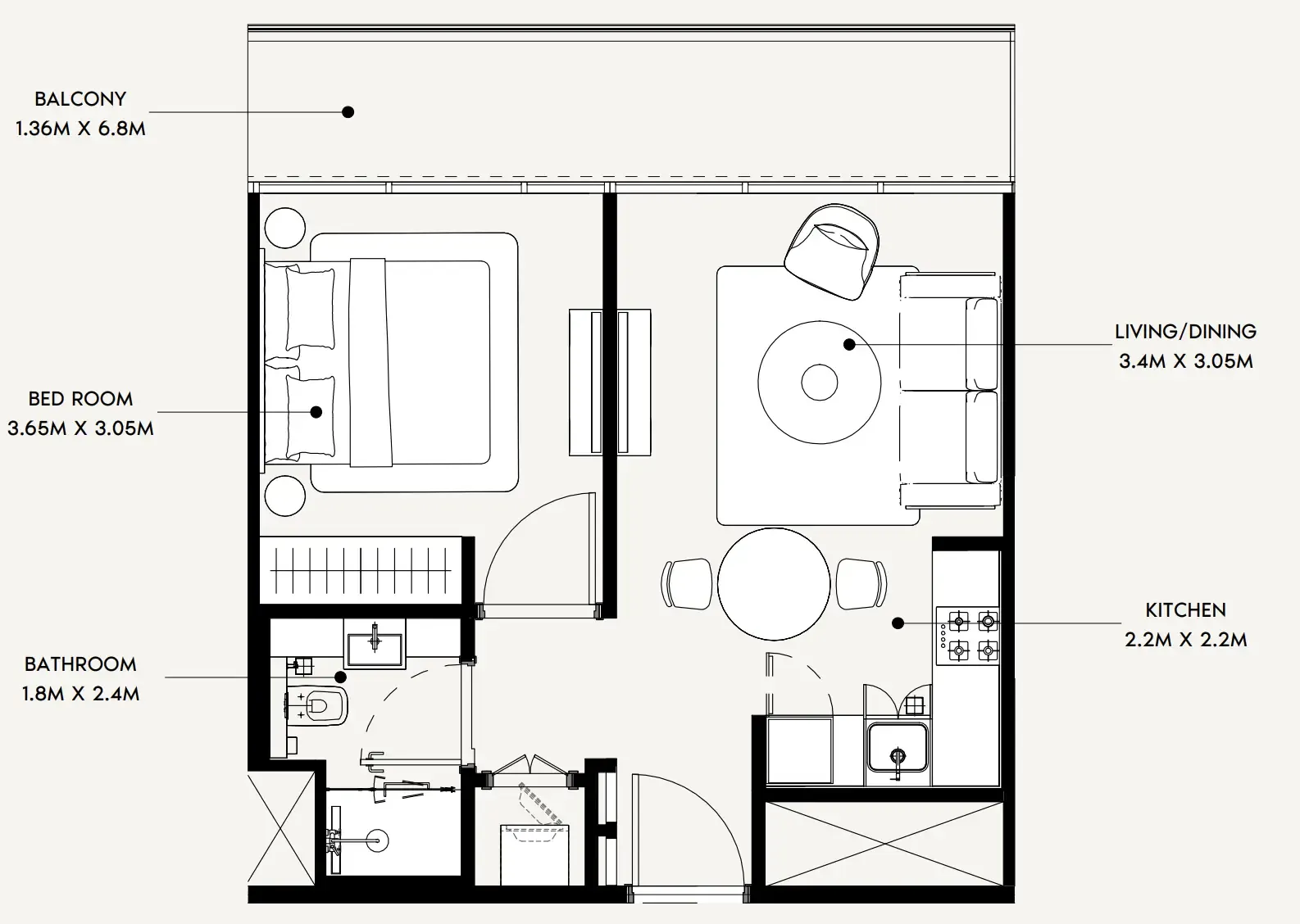 Creek Views 4 1 bed floor plan, 545 sqft