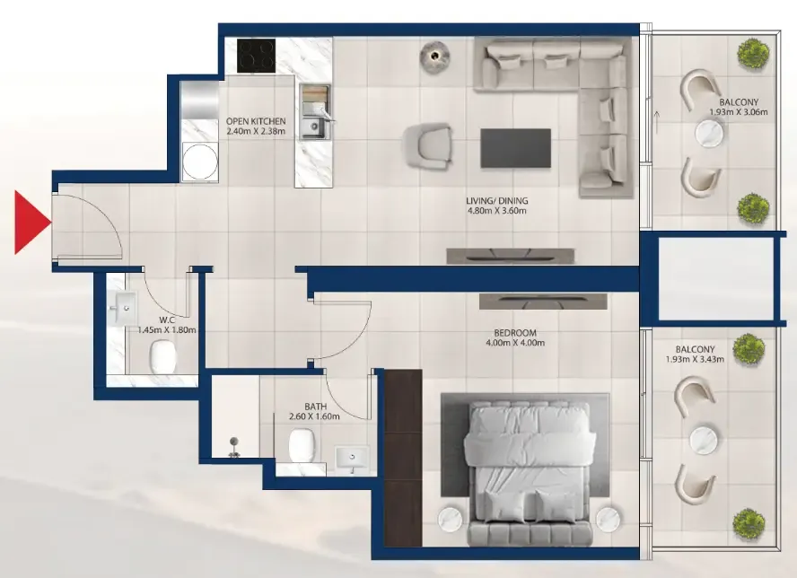 Al Vista 1 bed floor plan, 799 sqft