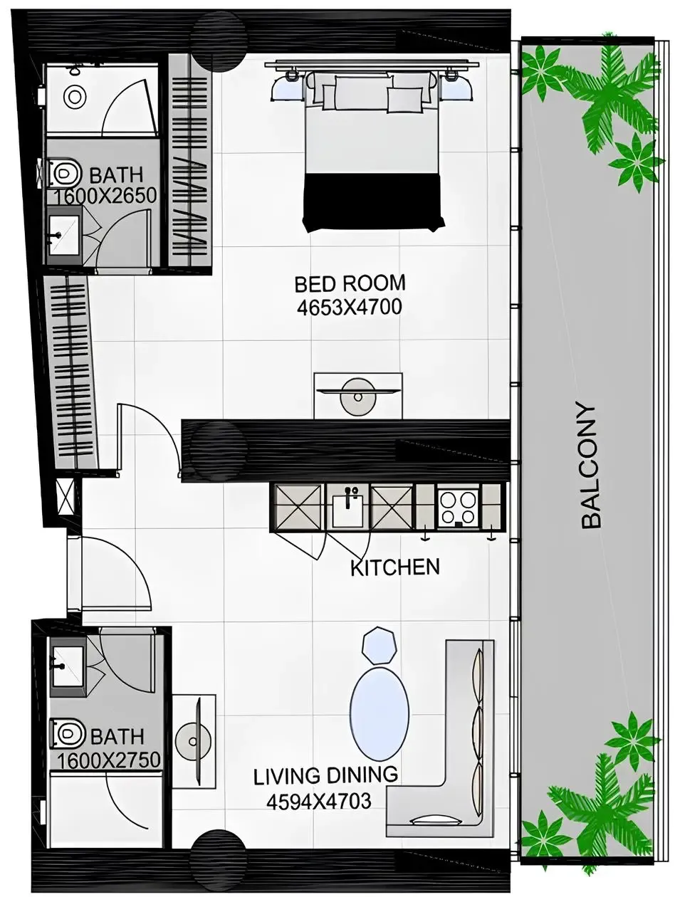 The Community Sports Arena 1 bed floor plan, 977 sqft