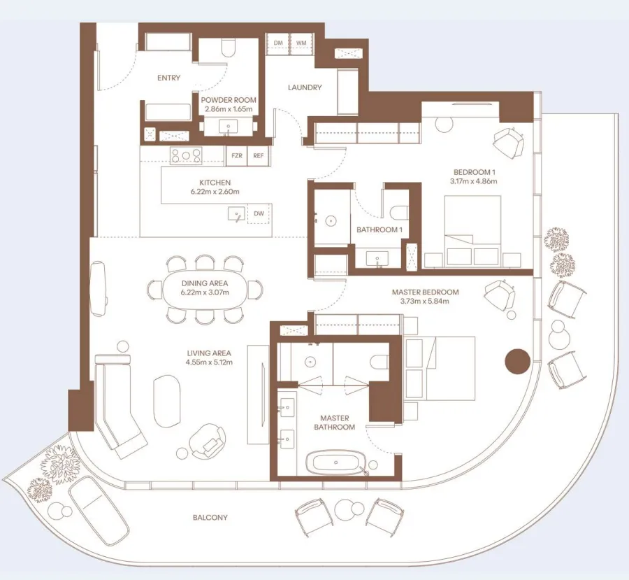 Dubai Harbour Residence 2 bed floor plan, 2,598 sqft