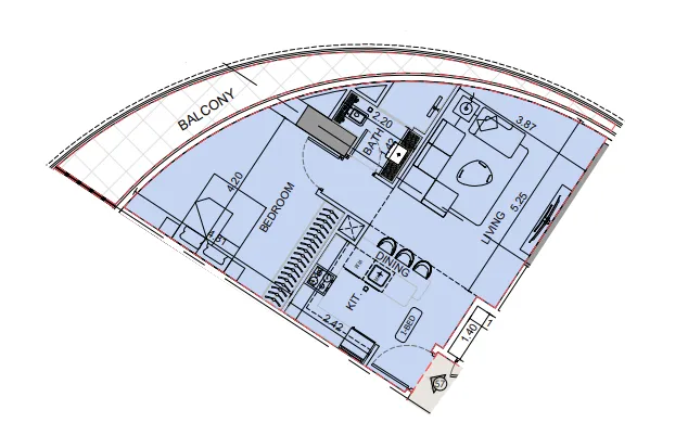 Binghatti Aquarise 1 bed floor plan, 784 sqft