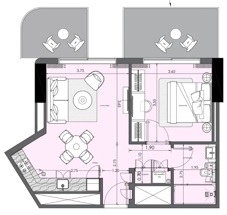 Azizi Wasel 1 bed floor plan, 711 sqft