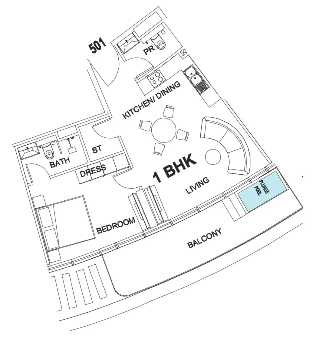 Villa Del Garda 1 bed floor plan, 777 sqft