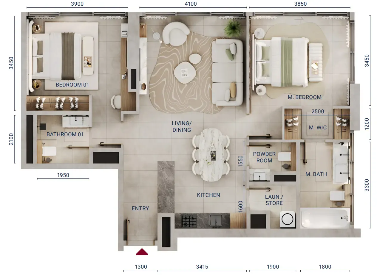 Mirdad 2 bed floor plan, 1,004 sqft