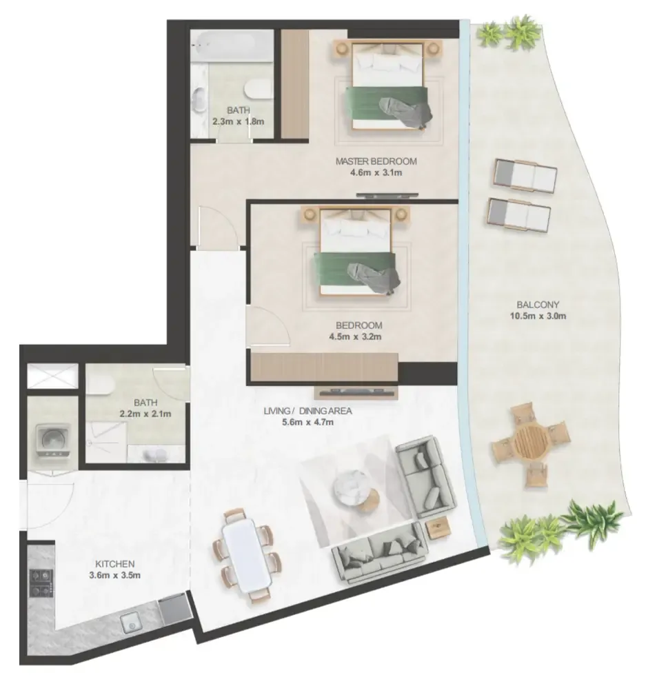 Oystra 2 bed floor plan, 1,371 sqft