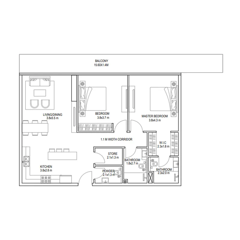 Golf Place 2 bed floor plan, 1,375 sqft