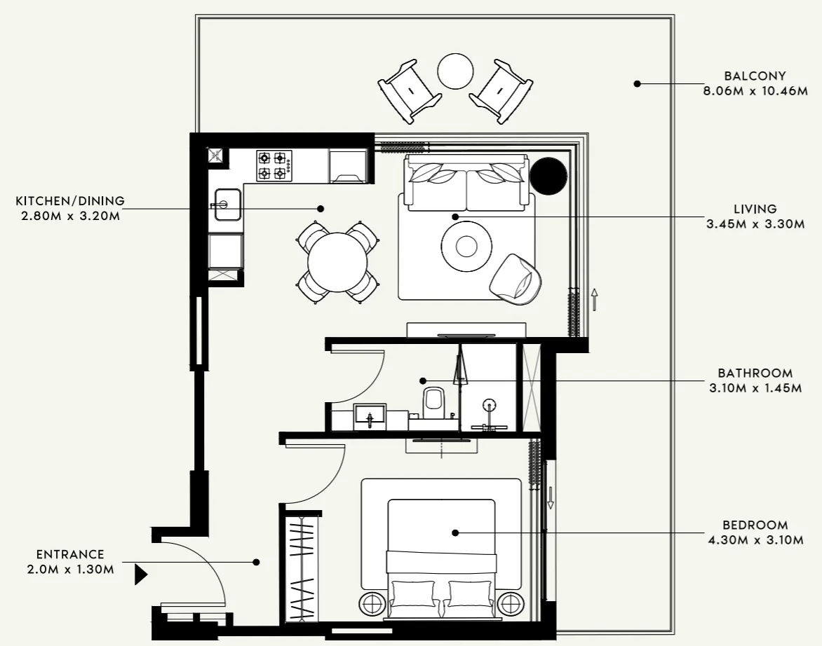 Azizi Venice 1 bed floor plan, 884 sqft
