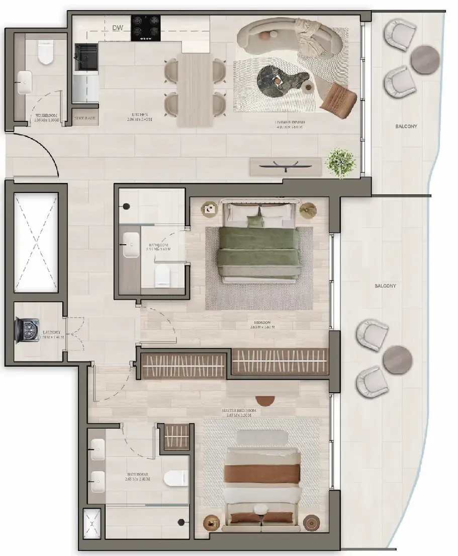 Stax 2 bed floor plan, 1,102 – 1,134 sqft