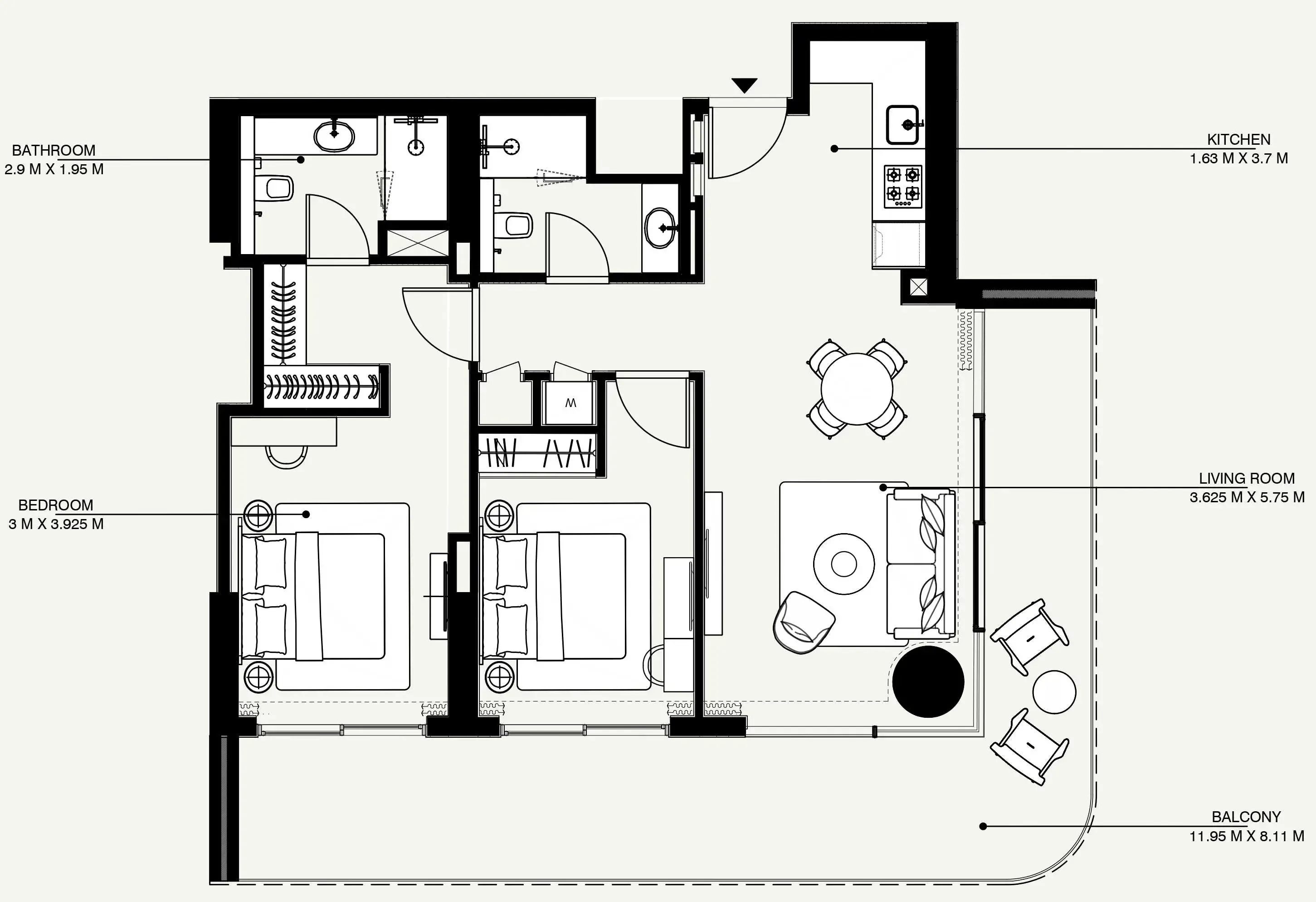 Azizi Venice 2 bed floor plan, 1,345 sqft