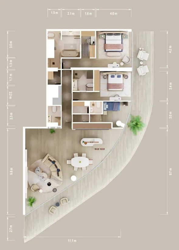Mandarin Oriental Residences 2 bed floor plan, 2,569 sqft